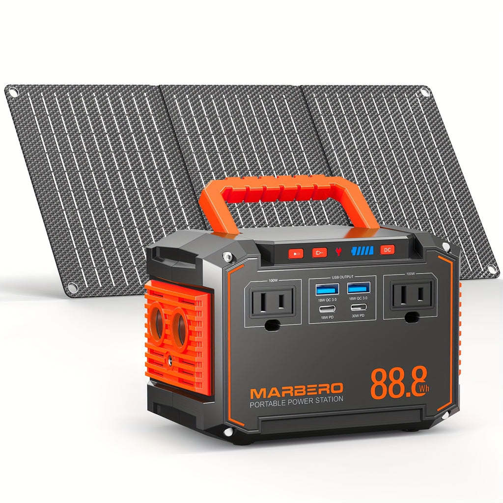150W/300W Portable Camping Power Station 88.8Wh/111Wh/240Wh with 30WSolar Panel, 2*AC/USB-C PD/USB QC3.0/DC Output, LED Emergency Light, 18650 Lithium Battery, Fast Charge, 110V, US Plug, for Outdoor Camping, RV Traveling, Emergencies, Christmas Gift,