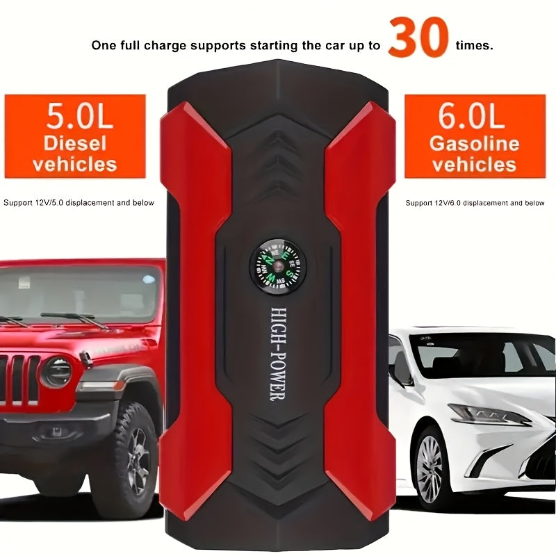 29800mAh Supercharged Portable Car Jump Starter - All-in-One Emergency Power Bank for Phones, Cars, Motorcycles & Yachts - Equipped with Flashlight, Compass & SOS Mode for Outdoor Adventures