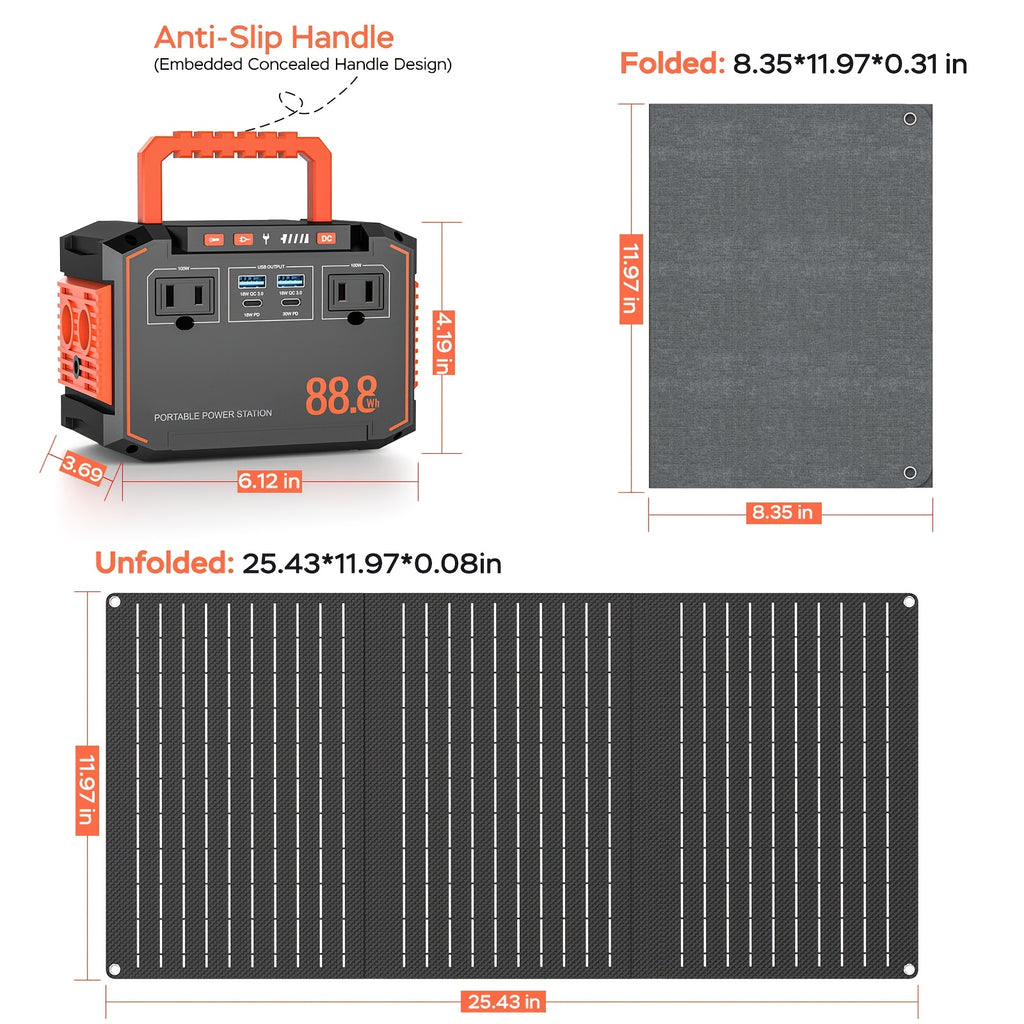 150W/300W Portable Camping Power Station 88.8Wh/111Wh/240Wh with 30WSolar Panel, 2*AC/USB-C PD/USB QC3.0/DC Output, LED Emergency Light, 18650 Lithium Battery, Fast Charge, 110V, US Plug, for Outdoor Camping, RV Traveling, Emergencies, Christmas Gift,