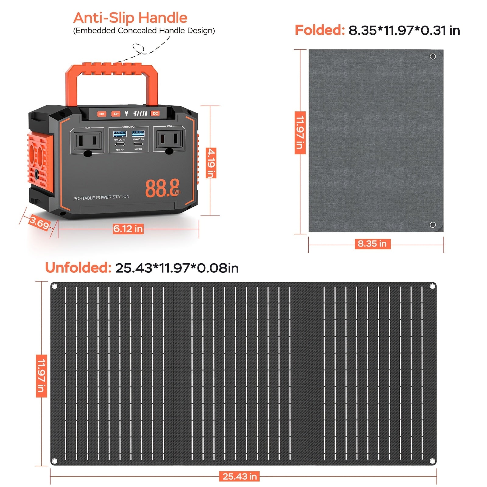 150W/300W Portable Camping Power Station 88.8Wh/111Wh/240Wh with 30WSolar Panel, 2*AC/USB-C PD/USB QC3.0/DC Output, LED Emergency Light, 18650 Lithium Battery, Fast Charge, 110V, US Plug, for Outdoor Camping, RV Traveling, Emergencies, Christmas Gift,