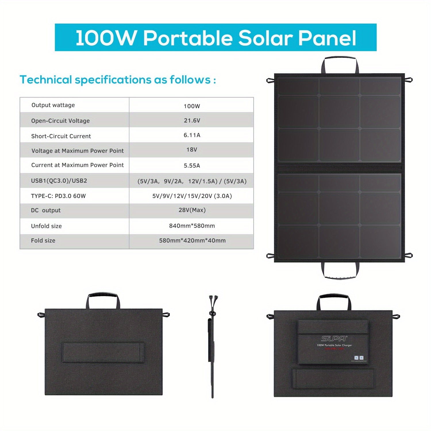 100W Portable Solar Panel, ETFE Foldable Solar Charger, 25% High Conversion Efficiency, With Usb Interface, DC Interface, Suitable For Camping Outdoor Temporary Charging