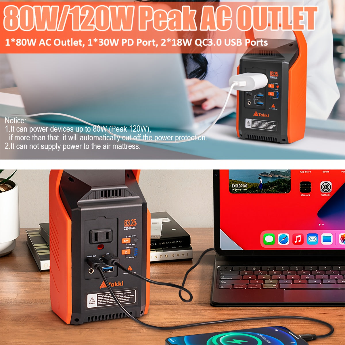 Portable Power Station 80W with AC Outlet - Solar Generator, QC3.0 Fast Charging, PD45W, 22500mAh Battery, Solar/Pure Solar/Car Charging, Compact & Lightweight for Camping, RV, Home, Emergencies, Outdoor - with US Plug (NEMA L5-30R) - Ideal for Phones,