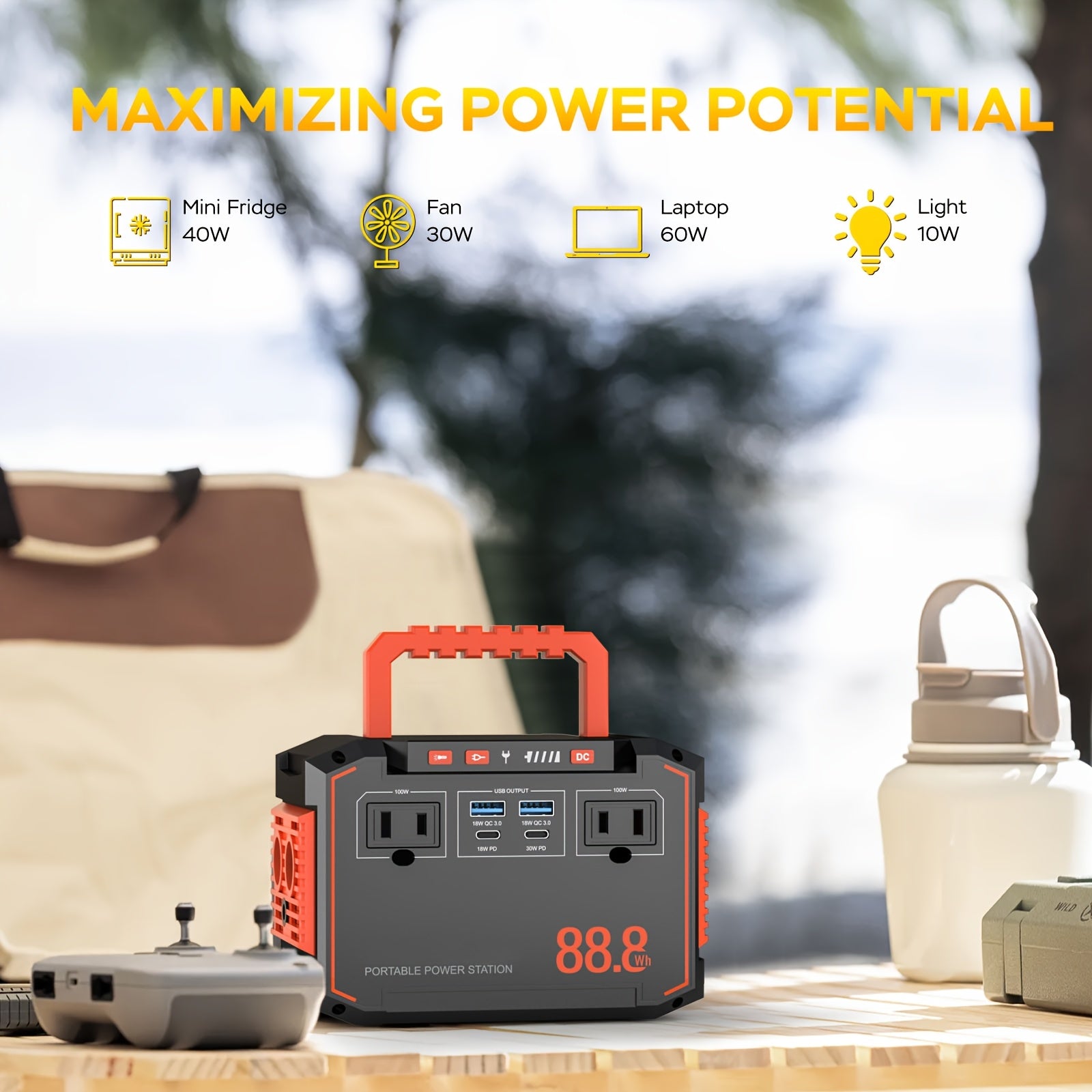 150W/300W Portable Camping Power Station 88.8Wh/111Wh/240Wh with 30WSolar Panel, 2*AC/USB-C PD/USB QC3.0/DC Output, LED Emergency Light, 18650 Lithium Battery, Fast Charge, 110V, US Plug, for Outdoor Camping, RV Traveling, Emergencies, Christmas Gift,