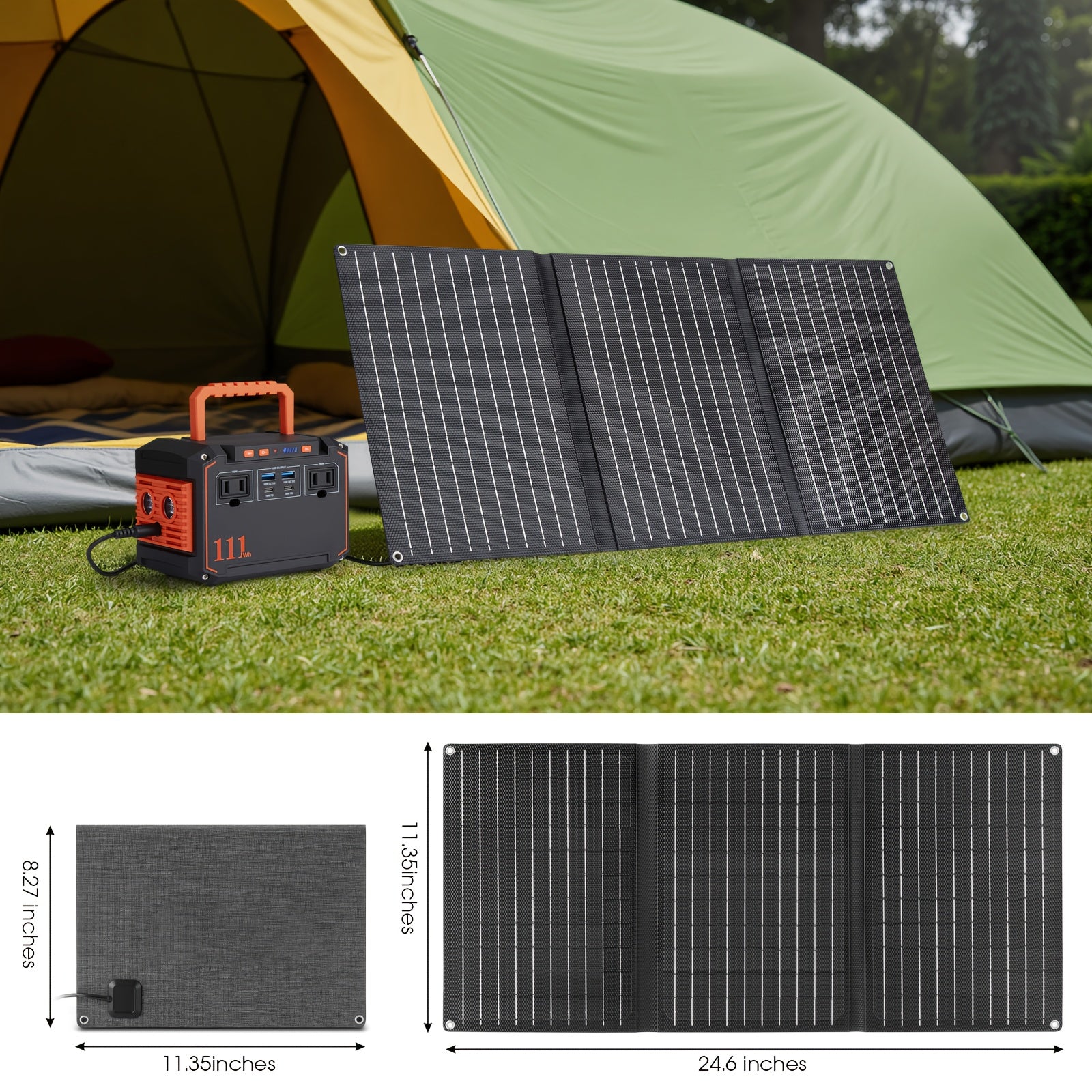 Portable Power Station 100W/111Wh with 30W Solar Panels with AC Outlet 110V(3*USB A, 2*USB C, 2*AC, 2*DC) Solar Generator for Travel Home Emergency Hurricaneth, Portable Generator for Camping, Camping Electricity Source, Outdoor Power Supply, Lightweight
