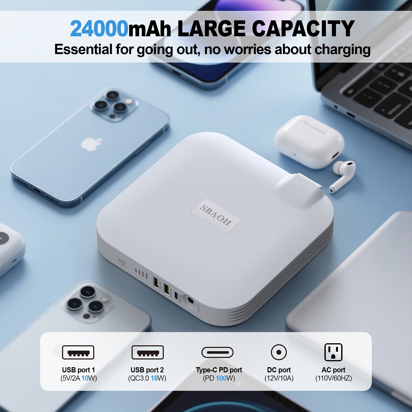 Portable Solar-Powered Emergency Power Generator - 100W 88.8Wh/24000mAh USB Rechargeable with 4 LED Lighting Modes, Compact Design for Camping, Travel & Outdoor Activities (Solar Panel Not Included), Solar Phone Charger, Outdoor Power Source, Modern