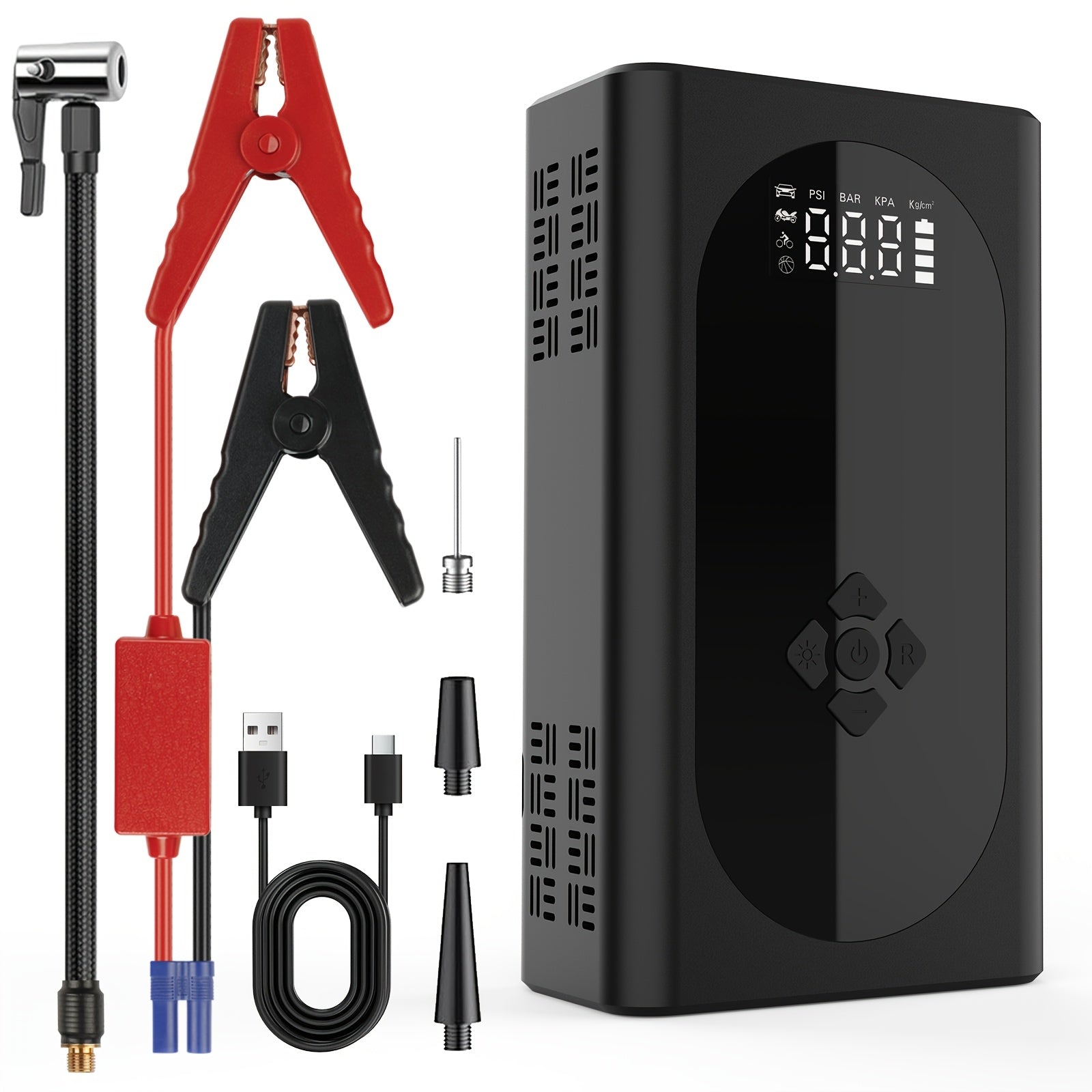 4000A Car Jump Starter with Air Compressor, Emergency Battery Jumper Starter Battery Pack (Up to 2.64gal Gas/2.11gal Diesel) with Intelligent Jumper Clamps, Fast Inflation, 10000mAh Power Bank, 3-In-1 Flashlight