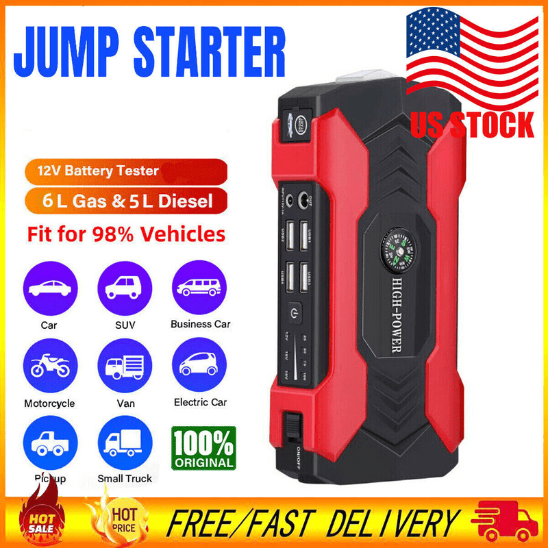 99800mAh Car Jump Starter Power Bank 1200A Peak Booster for Trucks Laptops Phones with Window Hammer Emergency Flashlight