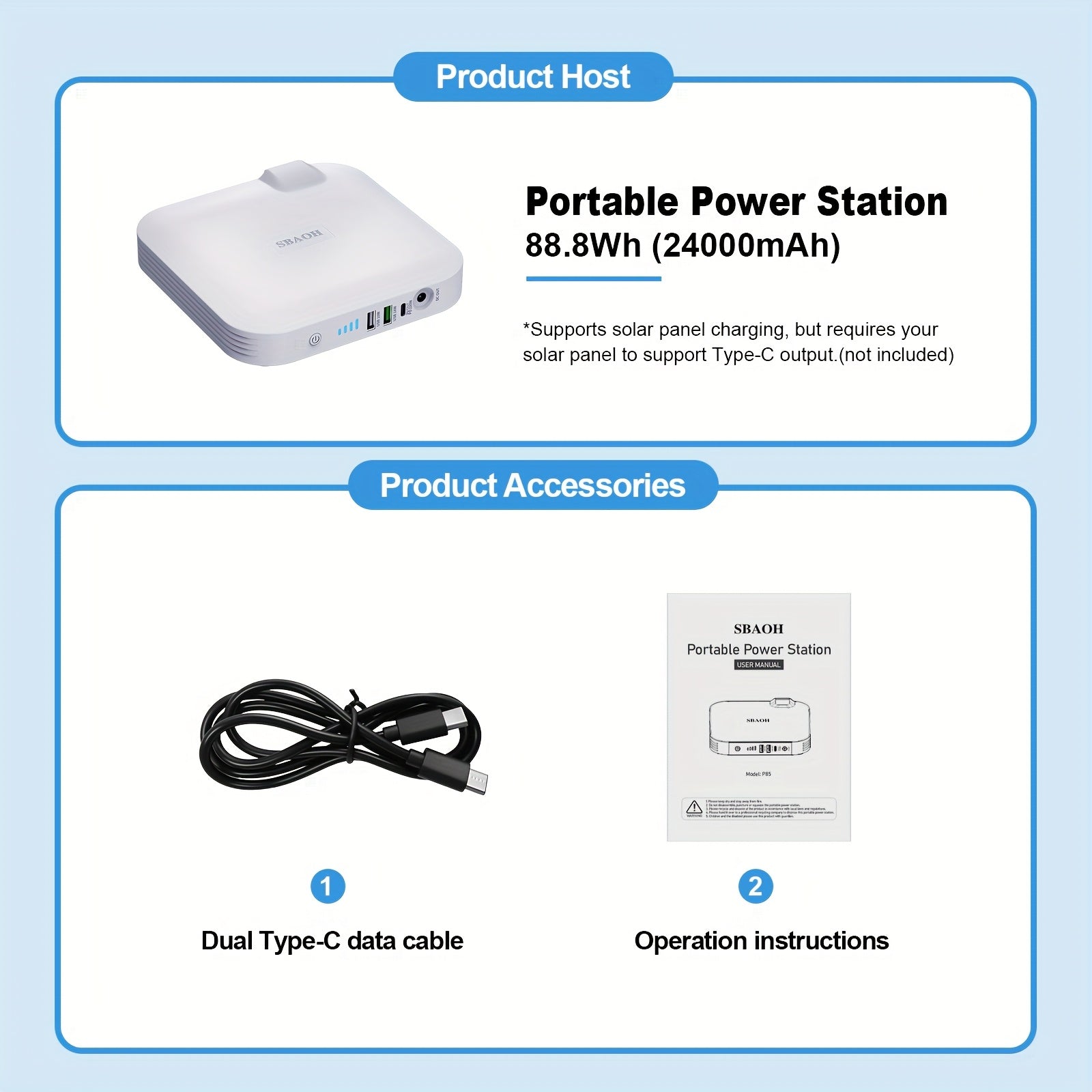 Portable Solar-Powered Emergency Power Generator - 100W 88.8Wh/24000mAh USB Rechargeable with 4 LED Lighting Modes, Compact Design for Camping, Travel & Outdoor Activities (Solar Panel Not Included), Solar Phone Charger, Outdoor Power Source, Modern
