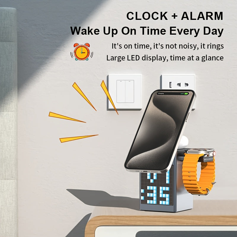6 In 1 Wireless Charging Station, Pixel Pattern Time Display, Alarm Clock, Phone Holder, Adapter For IPhone, AirPods And IWatch Fast Charging Dock, Wireless 5.3 Portable Speakers, Music Beats, Wireless Charger For Home, Office And Travel