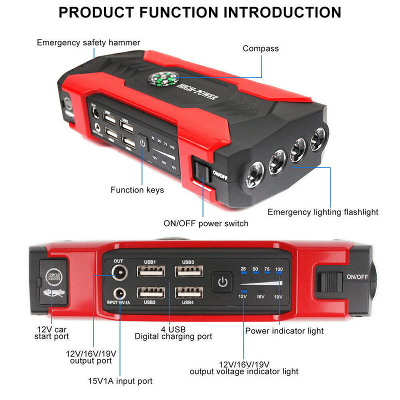 99800mAh Car Jump Starter Power Bank 1200A Peak Booster for Trucks Laptops Phones with Window Hammer Emergency Flashlight