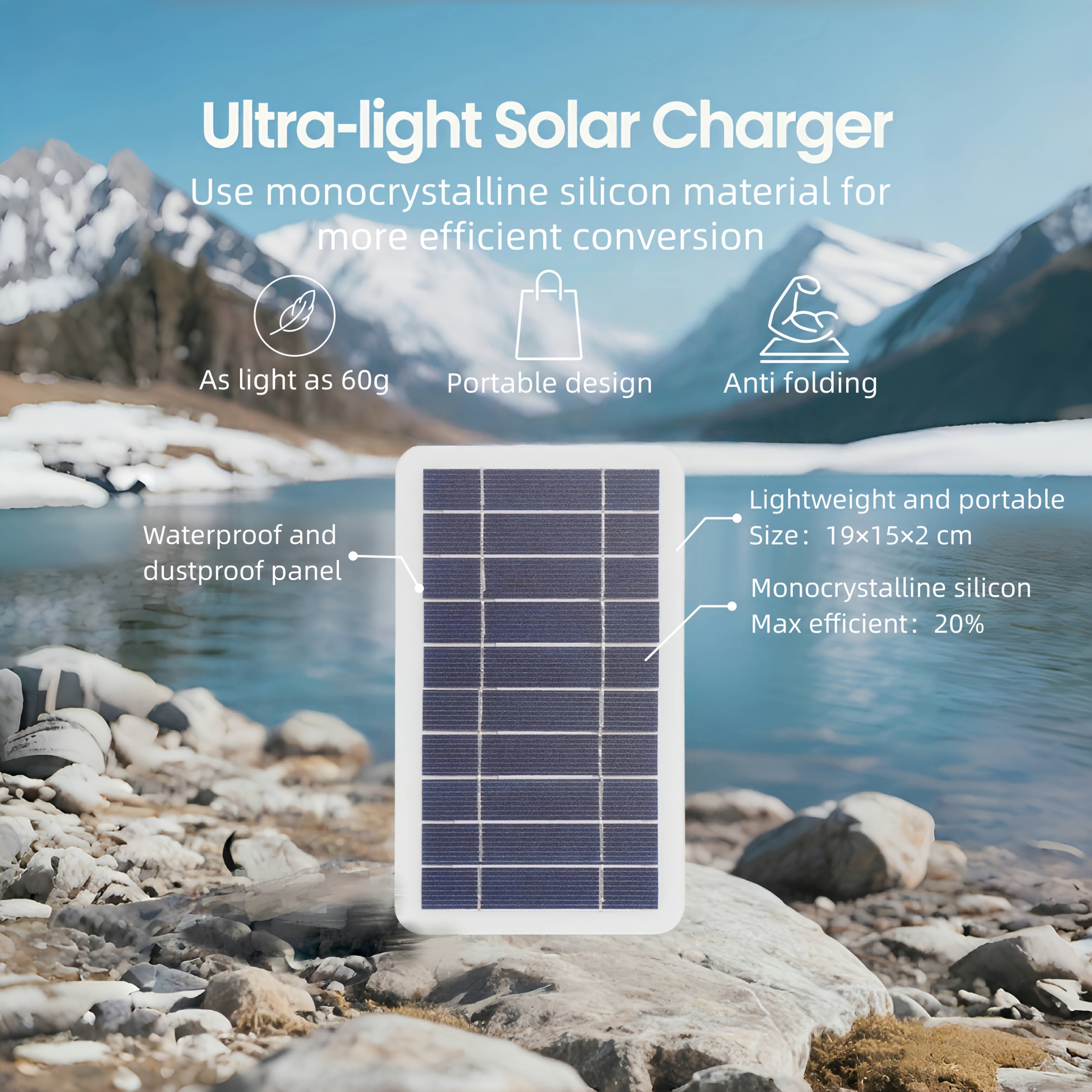 5V Portable Solar Panel 2W Monocrystalline High-Efficiency USB Fast Charger, High Quality & Dustproof - Compatible with Phones/Power Banks/Sport Cameras, Mini Lightweight Emergency Power Bank for Camping, Hiking & Outdoor Use