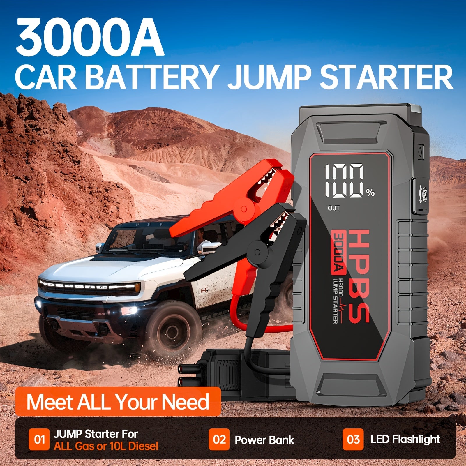 Jump Starter Battery Pack With Power Bank, 12V Battery Booster Charger For 10L Gas And 8.0L Diesel Engines-Motorcycle, Car, SUV, PICK-UP, Truck, Quick Start Dead Battery, Multi-functional Flashlight For Outdoor Adventures