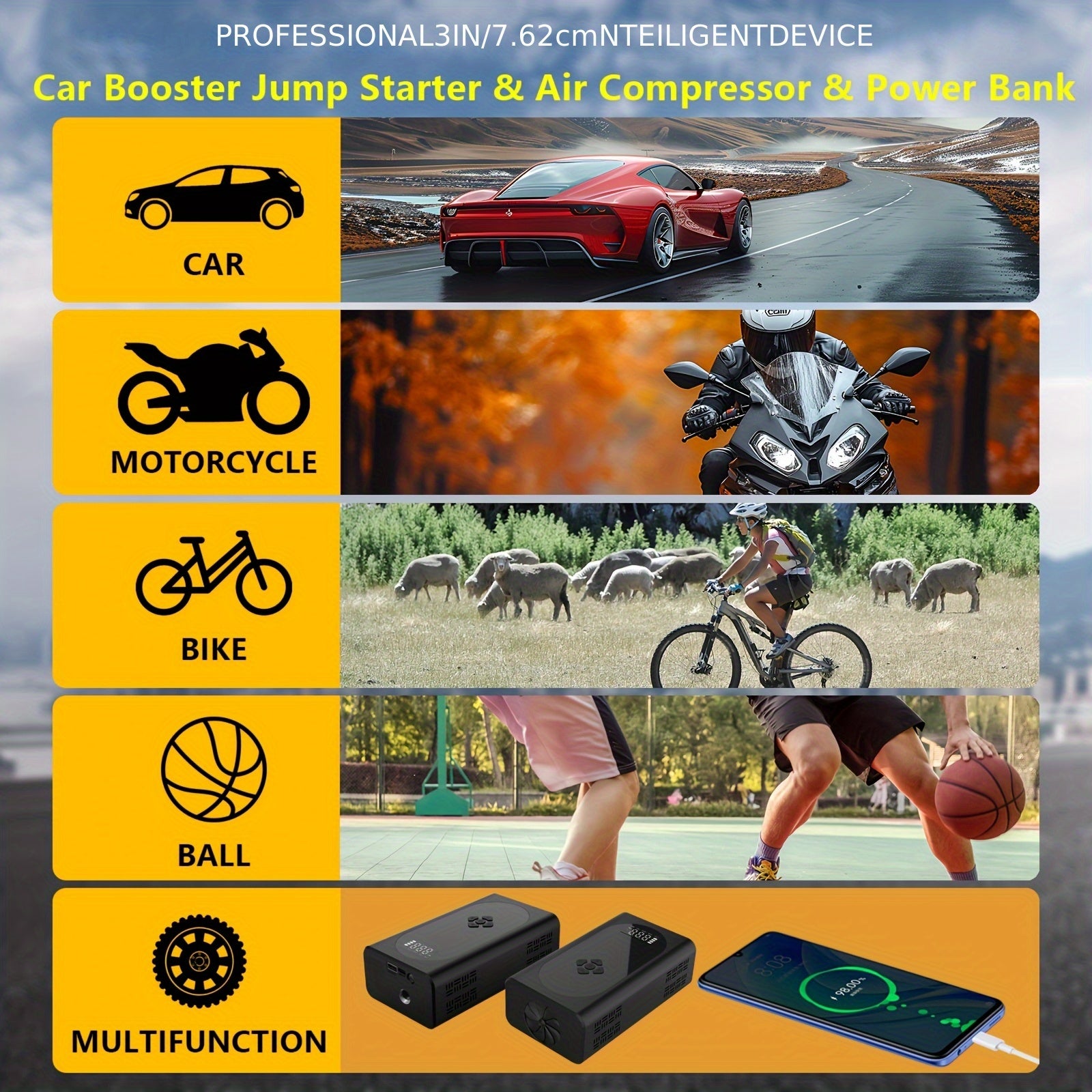 4000A Car Jump Starter with Air Compressor, Emergency Battery Jumper Starter Battery Pack (Up to 2.64gal Gas/2.11gal Diesel) with Intelligent Jumper Clamps, Fast Inflation, 10000mAh Power Bank, 3-In-1 Flashlight