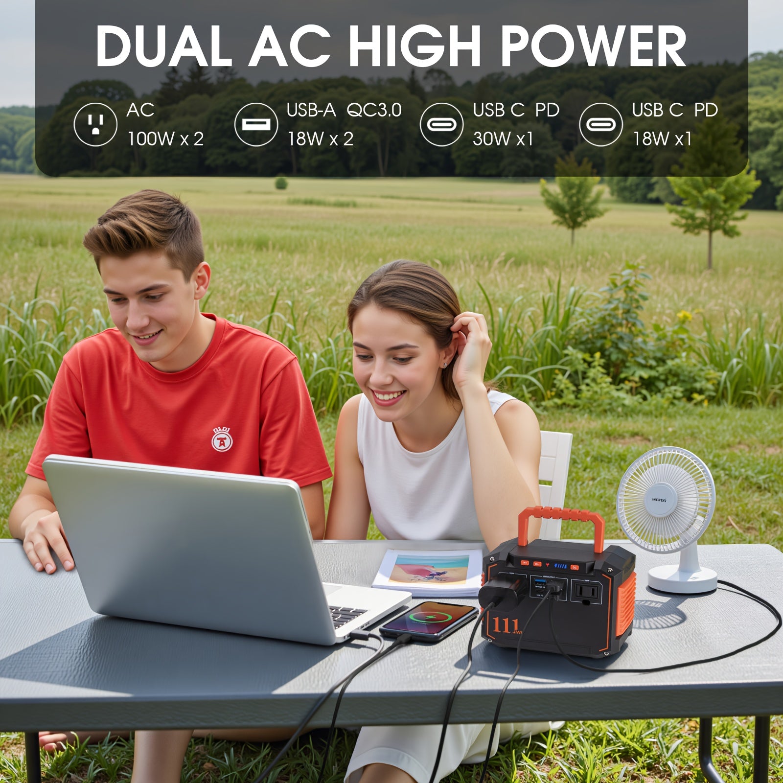 Portable Power Station 100W/111Wh with 30W Solar Panels with AC Outlet 110V(3*USB A, 2*USB C, 2*AC, 2*DC) Solar Generator for Travel Home Emergency Hurricaneth, Portable Generator for Camping, Camping Electricity Source, Outdoor Power Supply, Lightweight