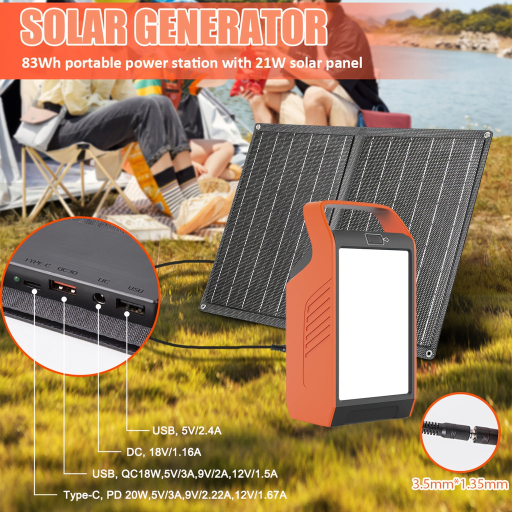 Portable Power Station 80W with AC Outlet - Solar Generator, QC3.0 Fast Charging, PD45W, 22500mAh Battery, Solar/Pure Solar/Car Charging, Compact & Lightweight for Camping, RV, Home, Emergencies, Outdoor - with US Plug (NEMA L5-30R) - Ideal for Phones,