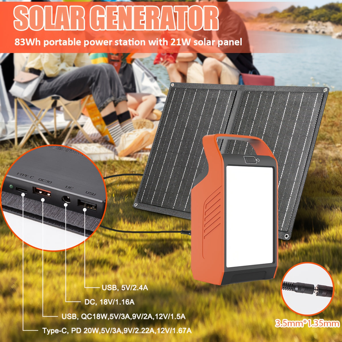 Portable Power Station 80W with AC Outlet - Solar Generator, QC3.0 Fast Charging, PD45W, 22500mAh Battery, Solar/Pure Solar/Car Charging, Compact & Lightweight for Camping, RV, Home, Emergencies, Outdoor - with US Plug (NEMA L5-30R) - Ideal for Phones,