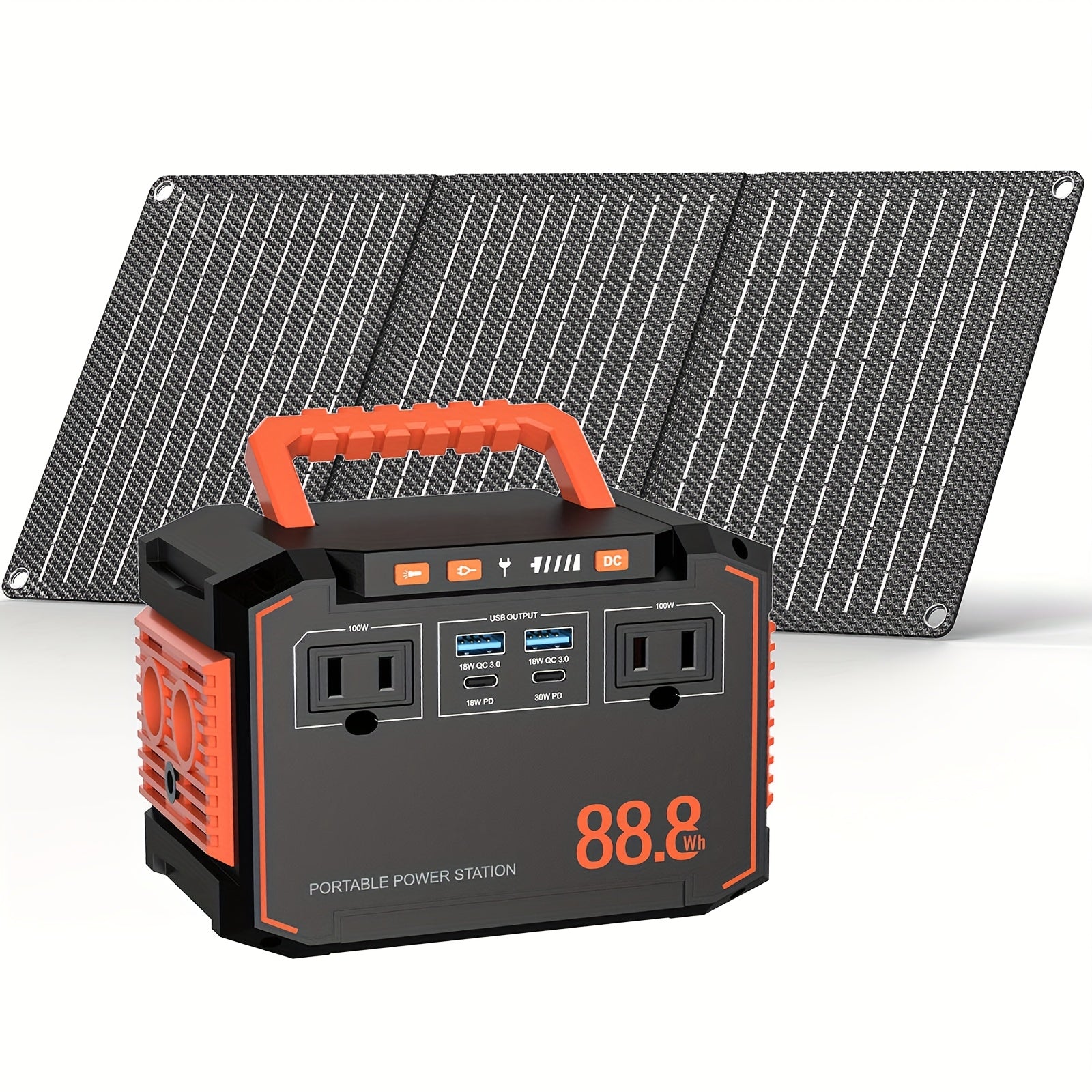 150W/300W Portable Camping Power Station 88.8Wh/111Wh/240Wh with 30WSolar Panel, 2*AC/USB-C PD/USB QC3.0/DC Output, LED Emergency Light, 18650 Lithium Battery, Fast Charge, 110V, US Plug, for Outdoor Camping, RV Traveling, Emergencies, Christmas Gift,