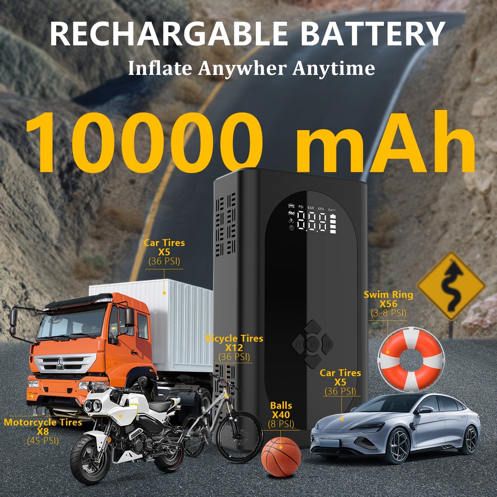 4000A Car Jump Starter with Air Compressor, Emergency Battery Jumper Starter Battery Pack (Up to 2.64gal Gas/2.11gal Diesel) with Intelligent Jumper Clamps, Fast Inflation, 10000mAh Power Bank, 3-In-1 Flashlight