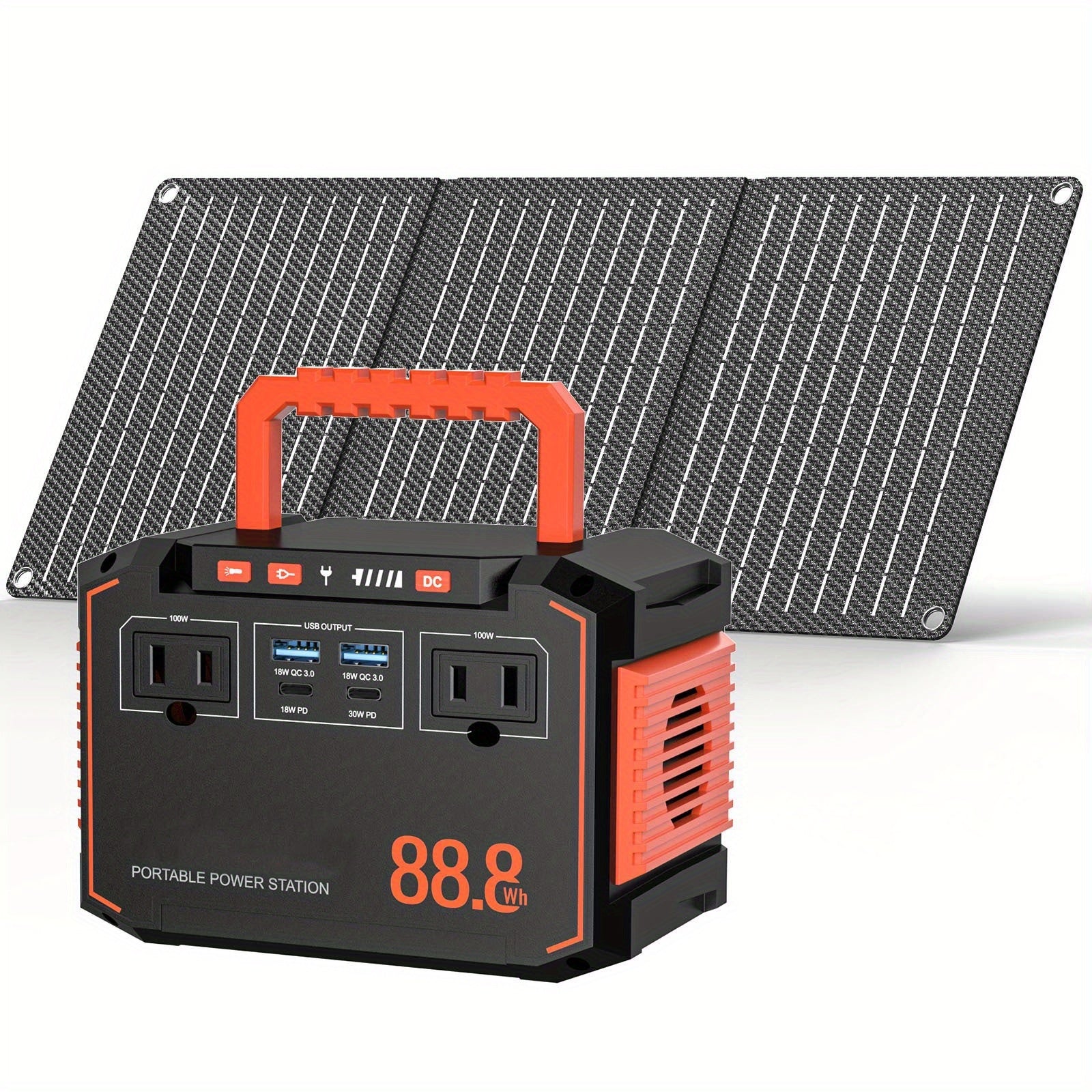 Portable Power Station 100W/111Wh with 30W Solar Panels with AC Outlet 110V(3*USB A, 2*USB C, 2*AC, 2*DC) Solar Generator for Travel Home Emergency Hurricaneth, Portable Generator for Camping, Camping Electricity Source, Outdoor Power Supply, Lightweight