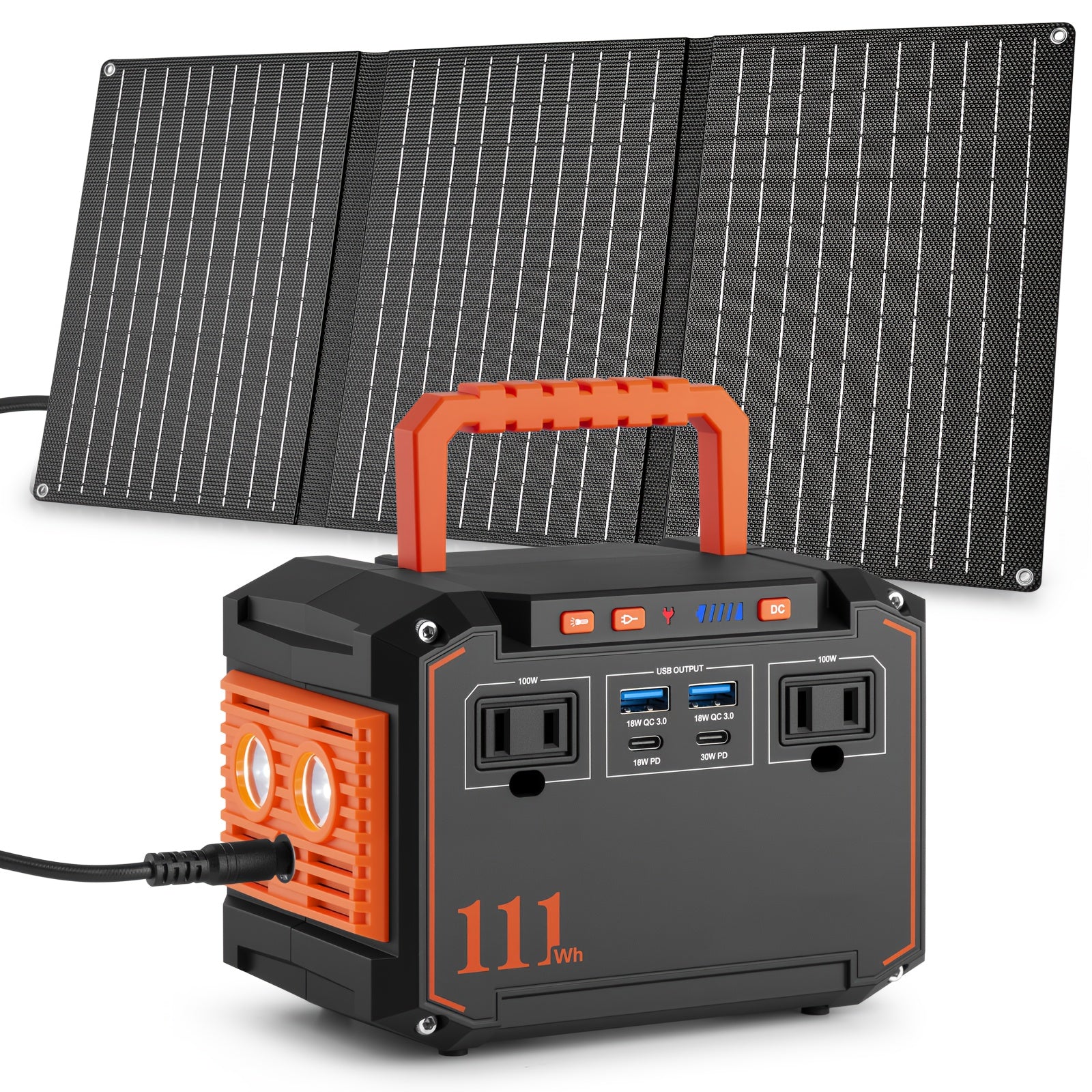 Portable Power Station 100W/111Wh with 30W Solar Panels with AC Outlet 110V(3*USB A, 2*USB C, 2*AC, 2*DC) Solar Generator for Travel Home Emergency Hurricaneth, Portable Generator for Camping, Camping Electricity Source, Outdoor Power Supply, Lightweight