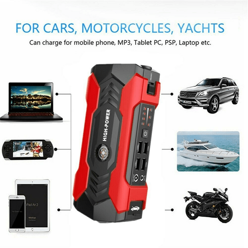 99800mAh Car Jump Starter Power Bank 1200A Peak Booster for Trucks Laptops Phones with Window Hammer Emergency Flashlight