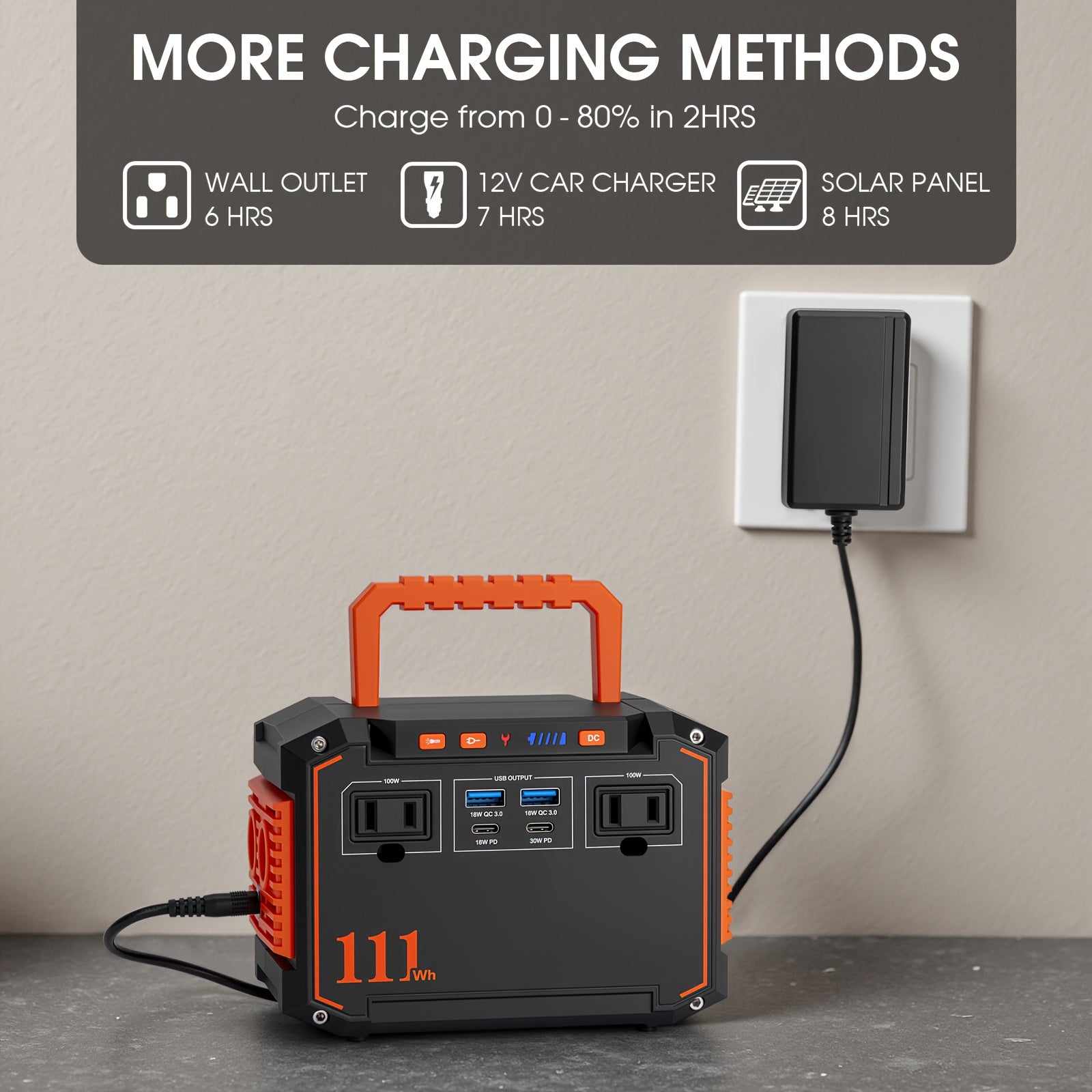 Portable Power Station 100W/111Wh with 30W Solar Panels with AC Outlet 110V(3*USB A, 2*USB C, 2*AC, 2*DC) Solar Generator for Travel Home Emergency Hurricaneth, Portable Generator for Camping, Camping Electricity Source, Outdoor Power Supply, Lightweight