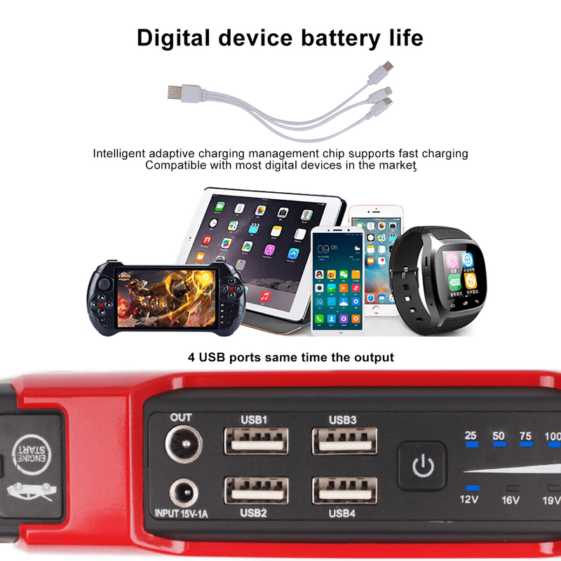 99800mAh Car Jump Starter Power Bank 1200A Peak Booster for Trucks Laptops Phones with Window Hammer Emergency Flashlight