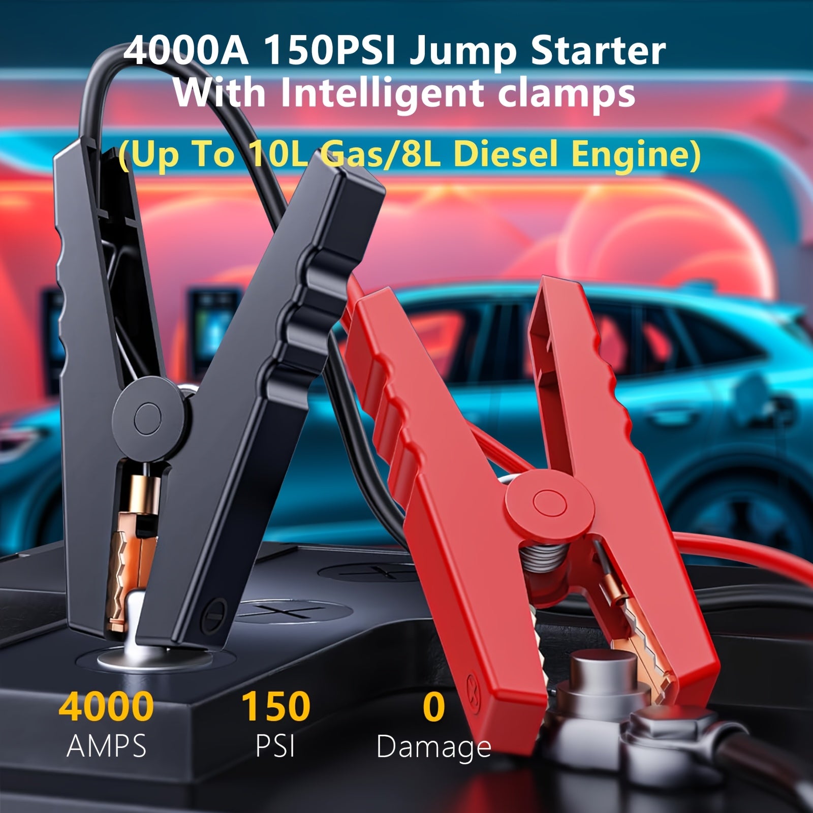 4000A Car Jump Starter with Air Compressor, Emergency Battery Jumper Starter Battery Pack (Up to 2.64gal Gas/2.11gal Diesel) with Intelligent Jumper Clamps, Fast Inflation, 10000mAh Power Bank, 3-In-1 Flashlight