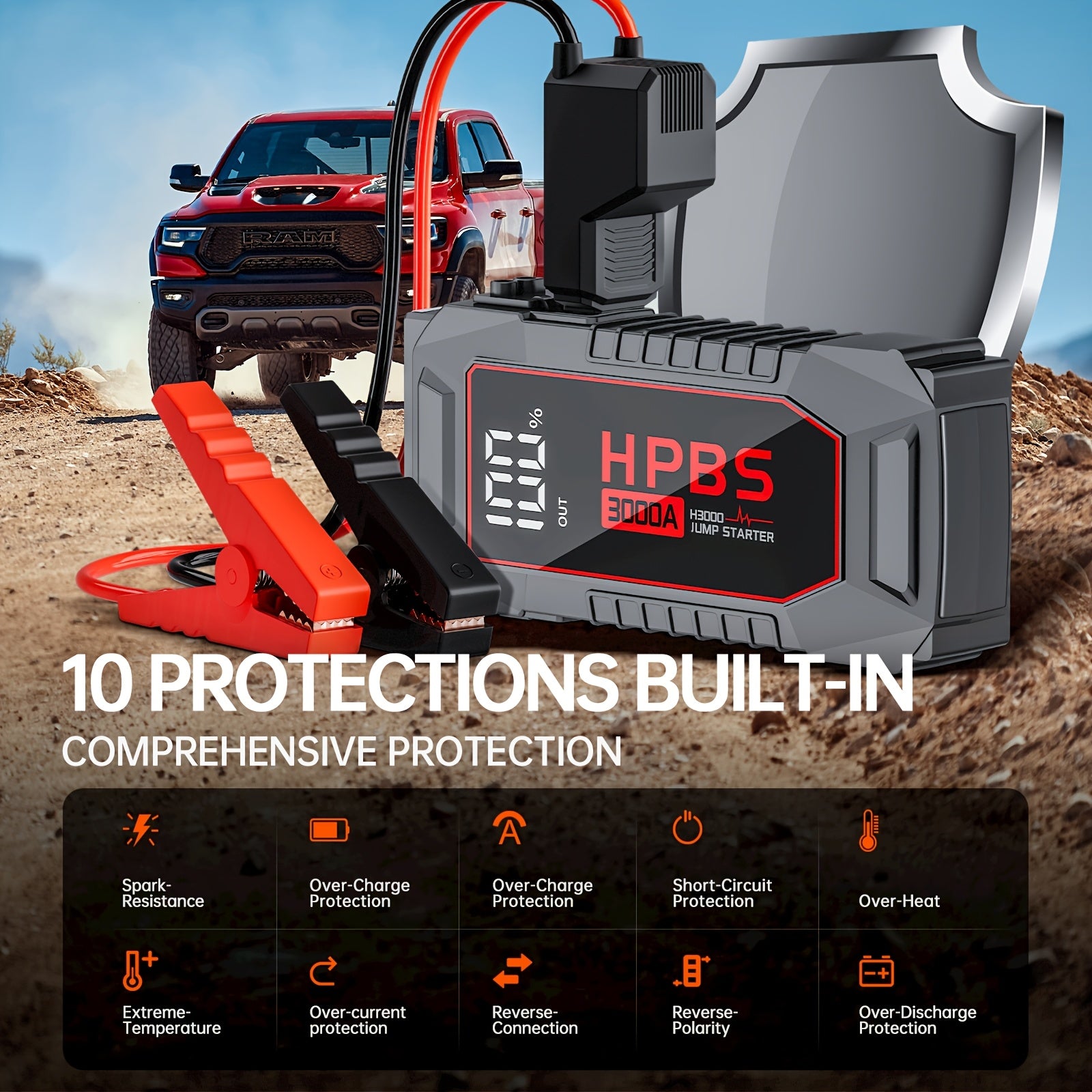 Jump Starter Battery Pack With Power Bank, 12V Battery Booster Charger For 10L Gas And 8.0L Diesel Engines-Motorcycle, Car, SUV, PICK-UP, Truck, Quick Start Dead Battery, Multi-functional Flashlight For Outdoor Adventures