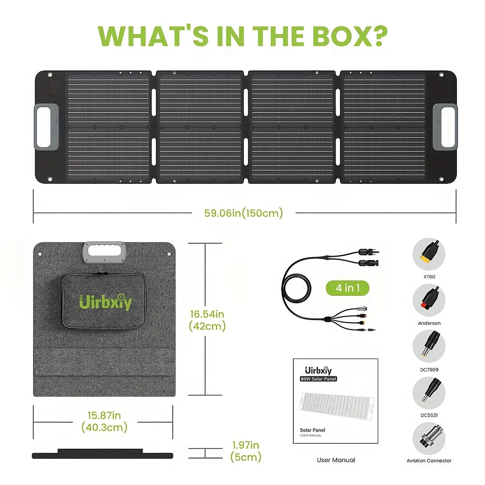 UIRBXIY 80W Portable Solar Panel with XT60 Anderson DC 8mm Connector - Foldable Solar Panel for Camping, RVs & Off-Grid Living, High-Efficiency Monocrystalline Solar Cells, Compact Design for Outdoor Use, Solar Phone Charger, Rv Power Supply, Foldable