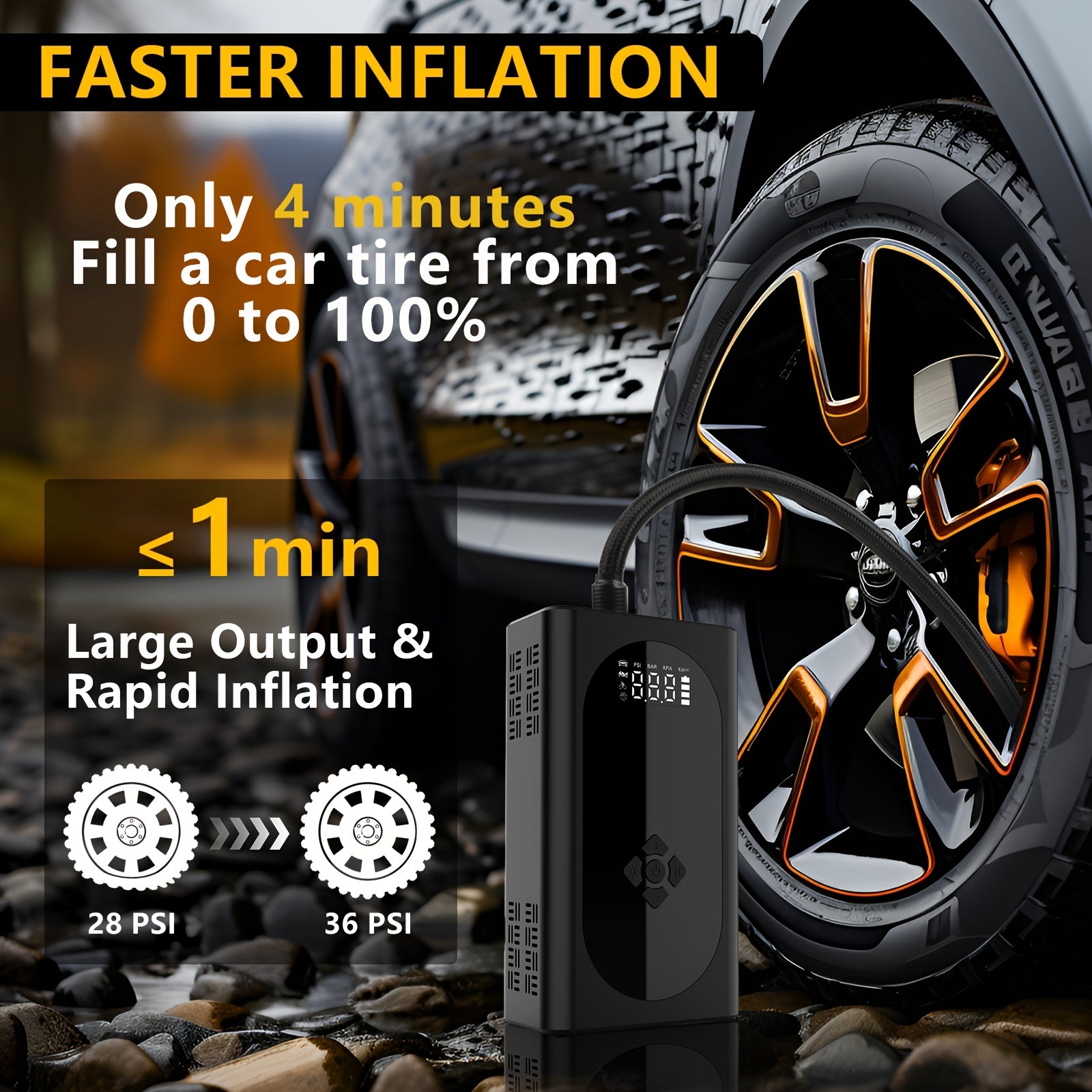 4000A Car Jump Starter with Air Compressor, Emergency Battery Jumper Starter Battery Pack (Up to 2.64gal Gas/2.11gal Diesel) with Intelligent Jumper Clamps, Fast Inflation, 10000mAh Power Bank, 3-In-1 Flashlight
