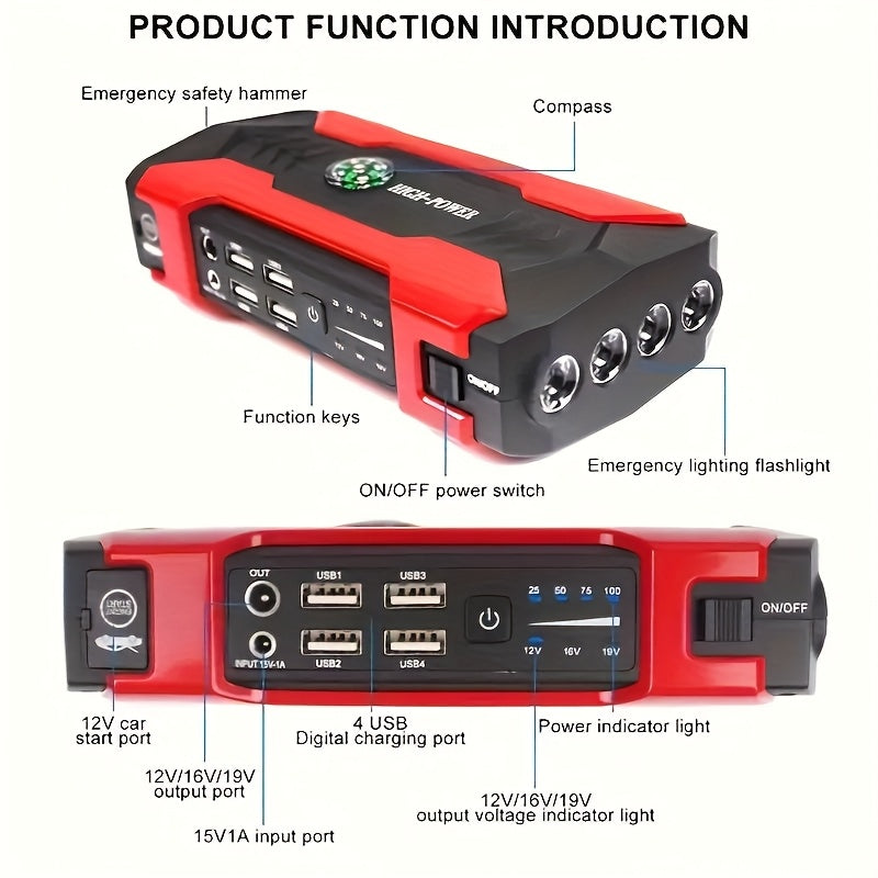 29800mAh Supercharged Portable Car Jump Starter - All-in-One Emergency Power Bank for Phones, Cars, Motorcycles & Yachts - Equipped with Flashlight, Compass & SOS Mode for Outdoor Adventures